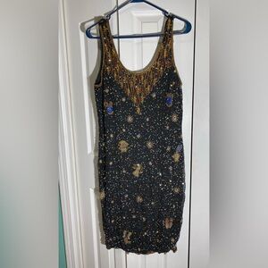 Vintage Astrology Sequin Dress Zodiac Beaded Together! 12 Midi Knee Silk  AA09